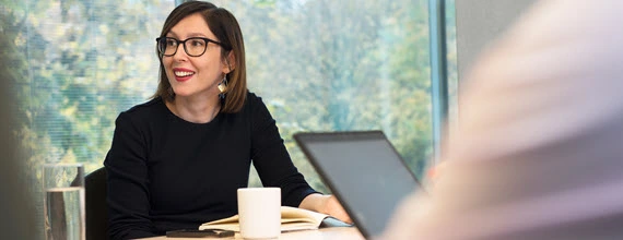 A female Novartis associate in a meeting at Fabrikstrasse, Basel