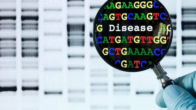 DNA sequencing image with magnifying glass highlighting the word Disease