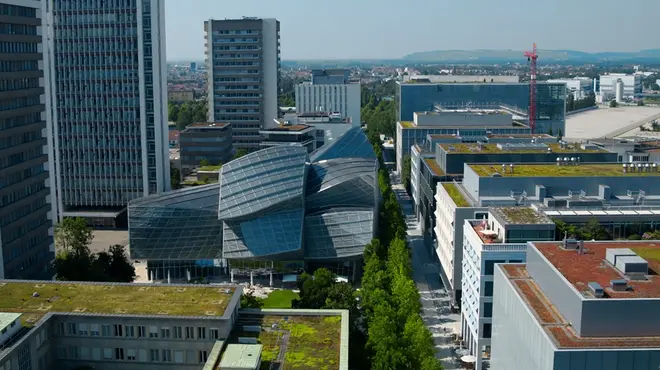 aerial view of the Novartis campus buildings
